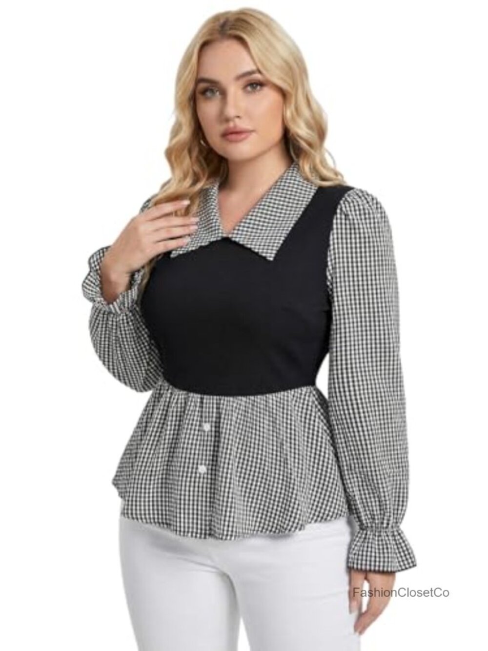 Plus Size Plaid Peplum Blouse Collared Puff Long Sleeve Business Casual Top